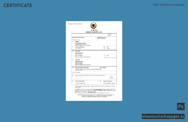 Albanische Geburtsurkunde – Beispielansicht (Word und PDF)